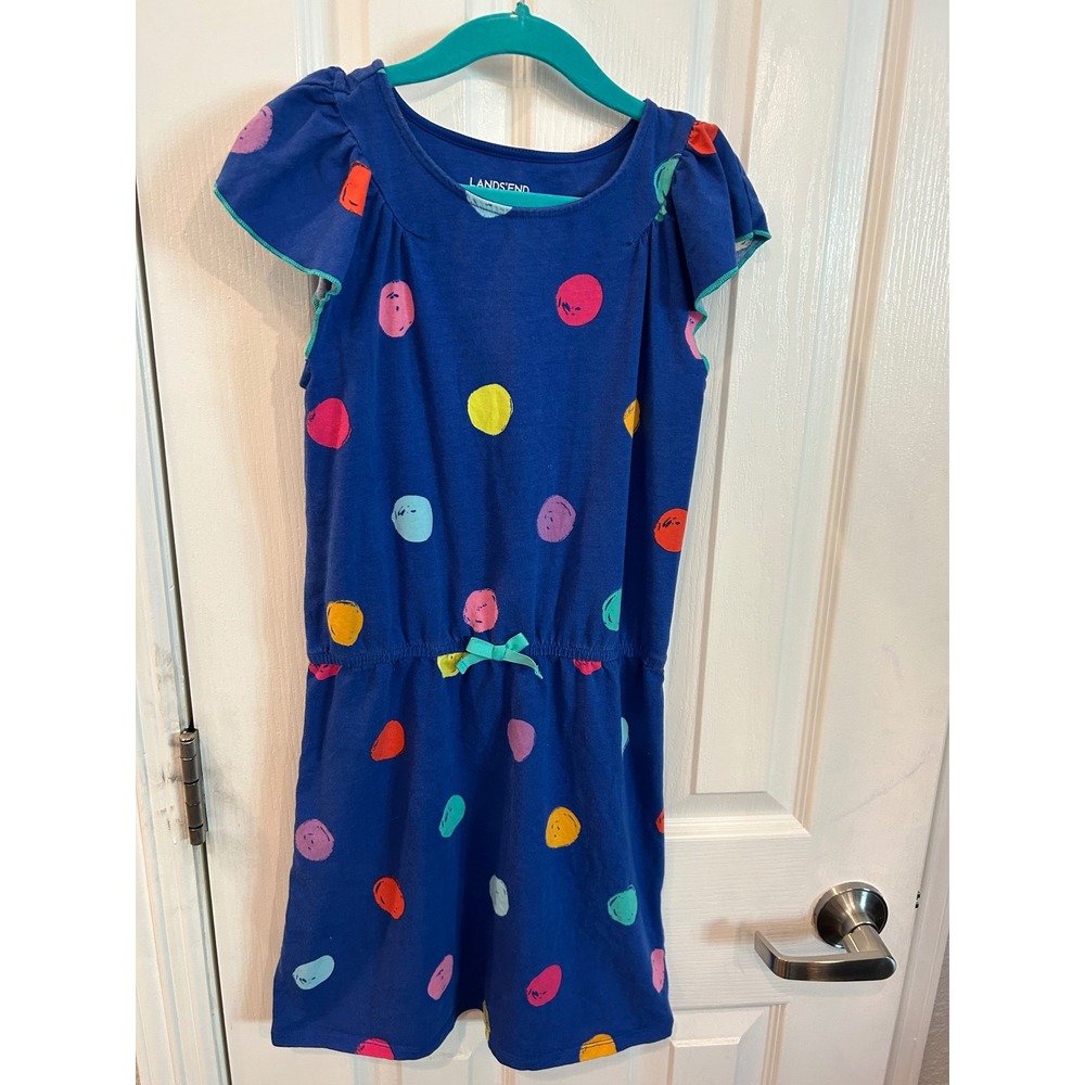 Lands End Dress Blue Polka Dot Flutter Sleeve Elastic Waist Kids Size S 7-8